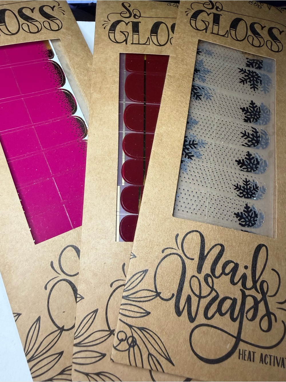So Gloss Nail Wraps Variety Pack - Pink, Burgundy & Snowflake Clear